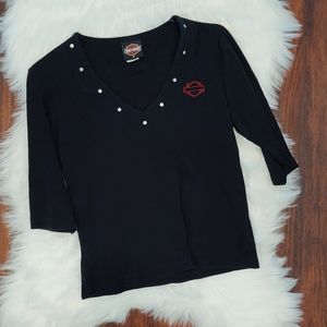 Harley-Davidson Studded Half Sleeve V-neck Shirt Red Embroidery